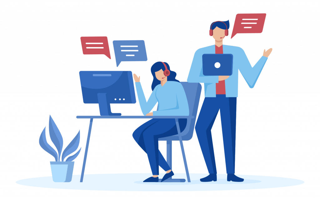 Two business professionals discussing strategies for online growth and branding.