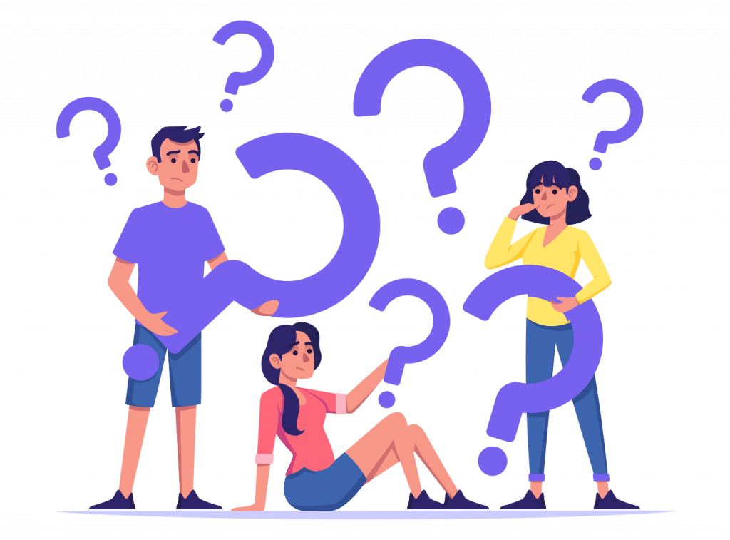 A group of people with question marks above their heads, representing uncertainty in marketing strategies.