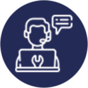 Comprehensive Support A website design featuring a white icon of a man engaged in laptop communication.