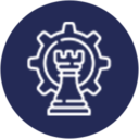 Strategy A chess piece icon in a circular shape on a blue background for website design.